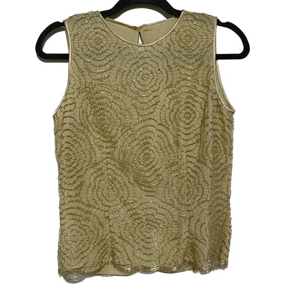 Vintage Pamela Dennis 100% Silk Yellow Gold Lace Tank Top Button Back 8 Metalic - Picture 1 of 13